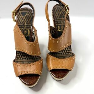 Jessica Simpson Tan Gold Studded Wedge Heel Sandals Sz 7.5 Retro Boho